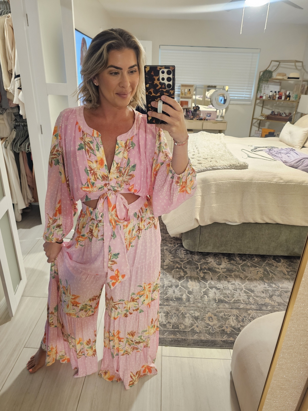 Free People Women’s Pink Floral Tie-Front Jumpsuit